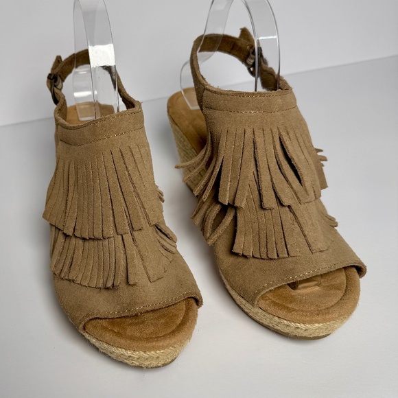 Minnetonka Ashley Soft Suede Peep-toe Taupe Wedge US 9 - Picture 3 of 9